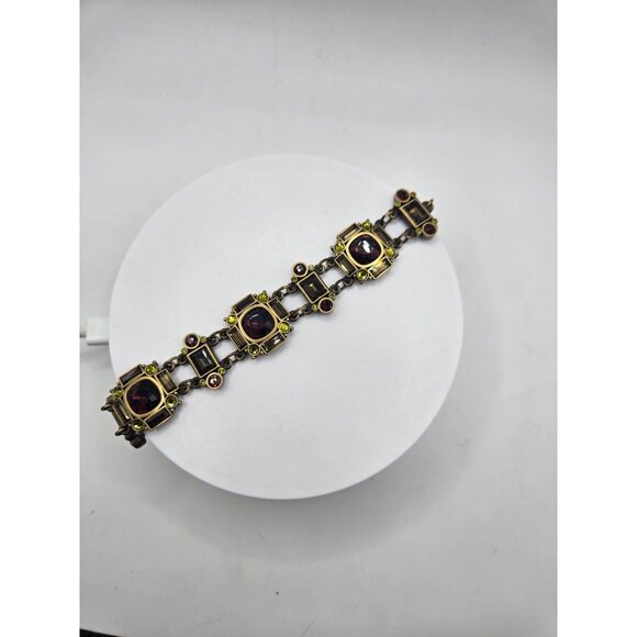 MYKA Swarovski crystal panel bracelet in bronzed brass green burgundy champagne - Picture 3 of 7